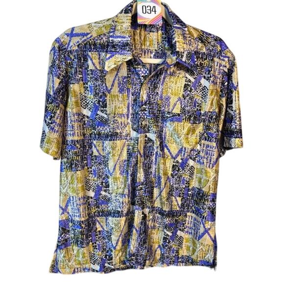 Vintage 70s Gold Purple Black Shields Novelty Dagger Collar Men's Shirt XS Small - Picture 1 of 8